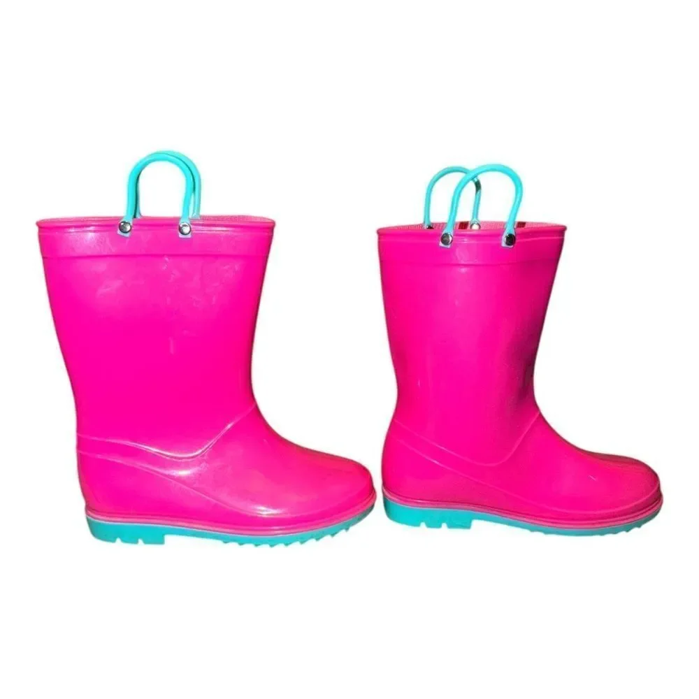 Girls Bright Pink & Blue Classic Rain Boots Pull On 1.5M EUC